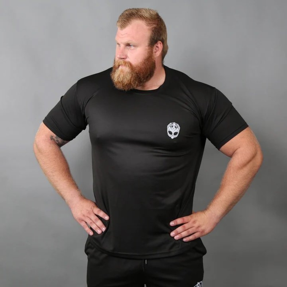 Grimfrost Clan Mens Black Gym‎ T-Shirt Viking Helmet Logo Size Large Athletic